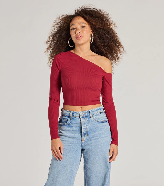 The Effortlessly Chic One-Shoulder Ribbed Crop Top in burgundy with a modern design and trendy look is part of the latest women's tops collection to elevate your 2025 wardrobe.