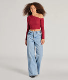 Stand out in 2025 in the Effortlessly Chic One-Shoulder Ribbed Crop Top, a women's burgundy long-sleeve top crafted from an elevated fabric with a modern neckline perfect for party outfits, bridal shower attire, or elevated casual outfits.