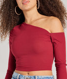 Make a statement in 2025 with the Effortlessly Chic One-Shoulder Ribbed Crop Top, a burgundy long-sleeve top featuring a trendy shoulder design that adds a bold, festive touch to any club or party look.