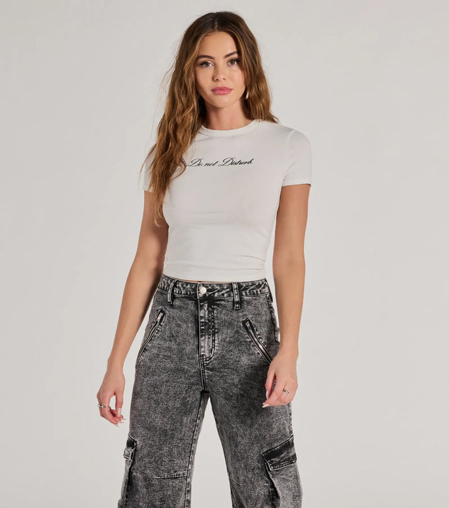 The Do Not Disturb Cropped Graphic Tee in white with a modern design and trendy look is part of the latest women's tops collection to elevate your 2025 wardrobe.