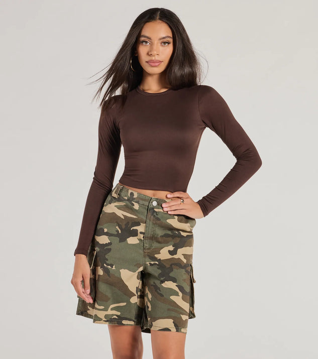The Essential Long Sleeve Crew Top in brown with a modern design and trendy look is part of the latest women's tops collection to elevate your 2025 wardrobe.