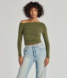 The Chic Detail Off-Shoulder Long Sleeve Top in olive green with a modern design and trendy look is part of the latest women's tops collection to elevate your 2025 wardrobe.