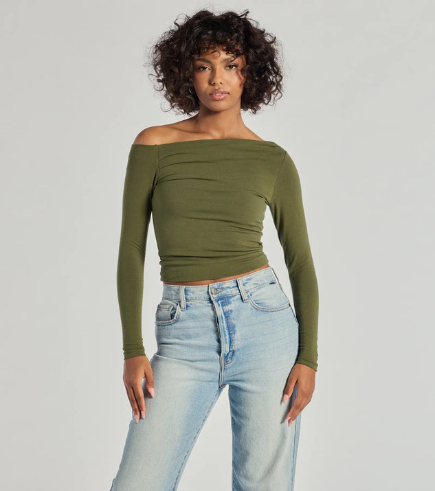 The Chic Detail Off-Shoulder Long Sleeve Top in olive green with a modern design and trendy look is part of the latest women's tops collection to elevate your 2025 wardrobe.