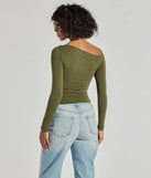 Make a statement in 2025 with the Chic Detail Off-Shoulder Long Sleeve Top, a olive long-sleeve top featuring a trendy shoulder design that adds a bold, festive touch to any club or party look.