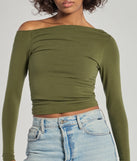 Make a statement in 2025 with the Chic Detail Off-Shoulder Long Sleeve Top, a olive long-sleeve top featuring a trendy shoulder design that adds a bold, festive touch to any club or party look.