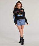 Layer-friendly Trendy Moto Graphic Fleece Pullover Sweatshirt is a chic, transitional black long-sleeve top with contemporary sleeves and neckline design, ideal for an elevated seasonal style or casual elegance.