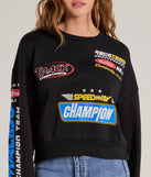 Layer-friendly Trendy Moto Graphic Fleece Pullover Sweatshirt is a chic, transitional black long-sleeve top with contemporary sleeves and neckline design, ideal for an elevated seasonal style or casual elegance.