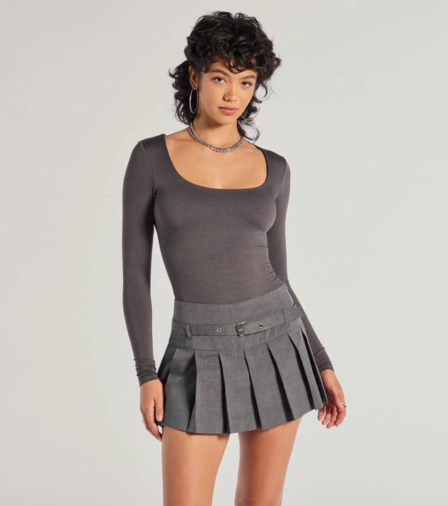 The Sleek Appeal Ribbed Knit Long Sleeve Bodysuit in charcoal with a modern design and trendy look is part of the latest women's tops collection to elevate your 2025 wardrobe.