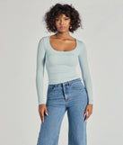The Forever Staple Smooth Knit Long Sleeve Top in light blue with a modern design and trendy look is part of the latest women's tops collection to elevate your 2025 wardrobe.