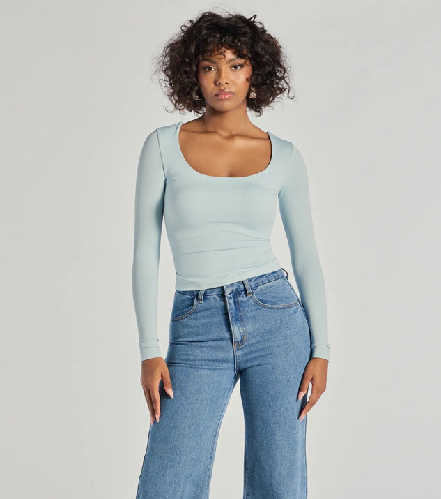 The Forever Staple Smooth Knit Long Sleeve Top in light blue with a modern design and trendy look is part of the latest women's tops collection to elevate your 2025 wardrobe.