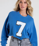 From bold to effortless, the Sporty And Flirty Seven Graphic Crop Sweatshirt lets you define your vibe with blue tops that speak your style.