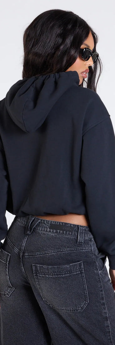 The New York Bubble Crop Hoodie in black brings edge and energy to your vibe, ready to elevate any festival look or concert outfit.