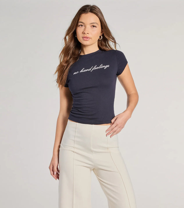 The No Hard Feelings Graphic Tee in navy blue brings edge and energy to your vibe, ready to elevate any festival look or concert outfit.