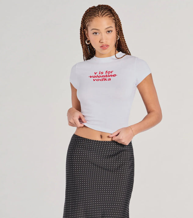 The V Is For Vodka Graphic Tee in white with a modern design and trendy look is part of the latest women's tops collection to elevate your 2025 wardrobe.
