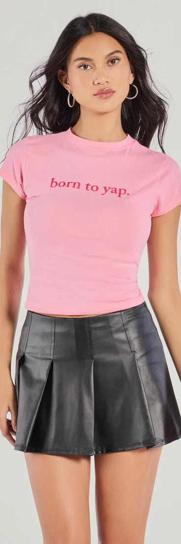 The Born To Yap Graphic Tee in pink with a modern design and trendy look is part of the latest women's tops collection to elevate your 2025 wardrobe.