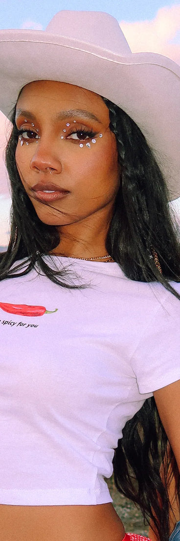 From bold to effortless, the Too Spicy For You Crop Graphic Tee lets you define your vibe with white tops that speak your style.