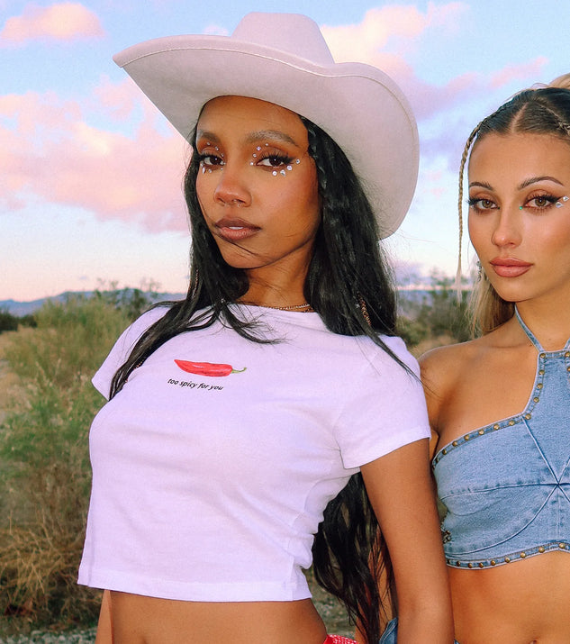 From bold to effortless, the Too Spicy For You Crop Graphic Tee lets you define your vibe with white tops that speak your style.