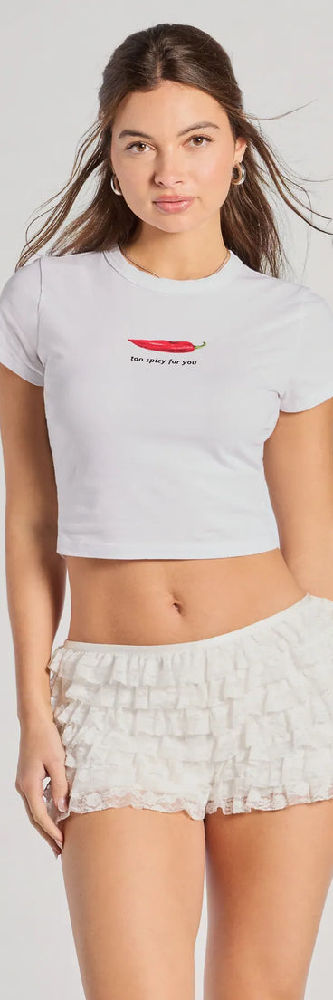The Too Spicy For You Crop Graphic Tee in white brings edge and energy to your vibe, ready to elevate any festival look or concert outfit.