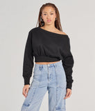 The Cutie Alert Long Sleeve Fleece Crop Sweatshirt in black with a modern design and trendy look is part of the latest women's tops collection to elevate your 2025 wardrobe.