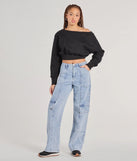 The Cutie Alert Long Sleeve Fleece Crop Sweatshirt in black with a modern design and trendy look is part of the latest women's tops collection to elevate your 2025 wardrobe.