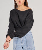 The Cutie Alert Long Sleeve Fleece Crop Sweatshirt in black with a modern design and trendy look is part of the latest women's tops collection to elevate your 2025 wardrobe.