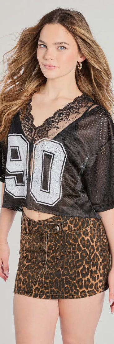 The 90s Lace Trim Mesh Graphic Tee in black with a modern design and trendy look is part of the latest women's tops collection to elevate your 2025 wardrobe.