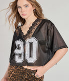 The 90s Lace Trim Mesh Graphic Tee in black with a modern design and trendy look is part of the latest women's tops collection to elevate your 2025 wardrobe.