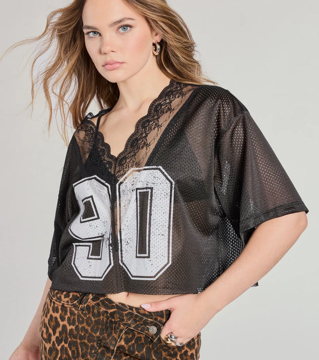 90s Lace Trim Mesh Graphic Tee