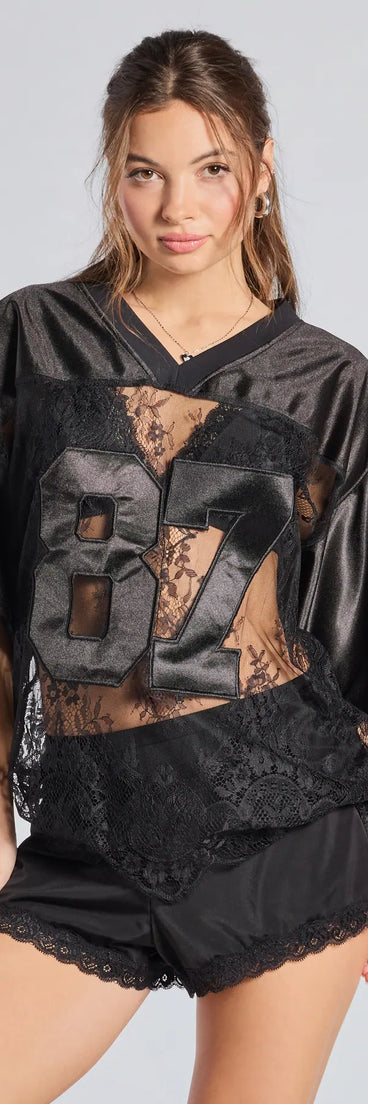 From bold to effortless, the Sporty Chic Lace V-Neck 87 Graphic Jersey Top lets you define your vibe with black tops that speak your style.