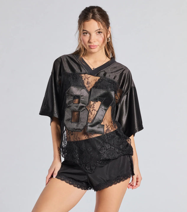 Sporty Chic Lace V-Neck 87 Graphic Jersey Top | Windsor