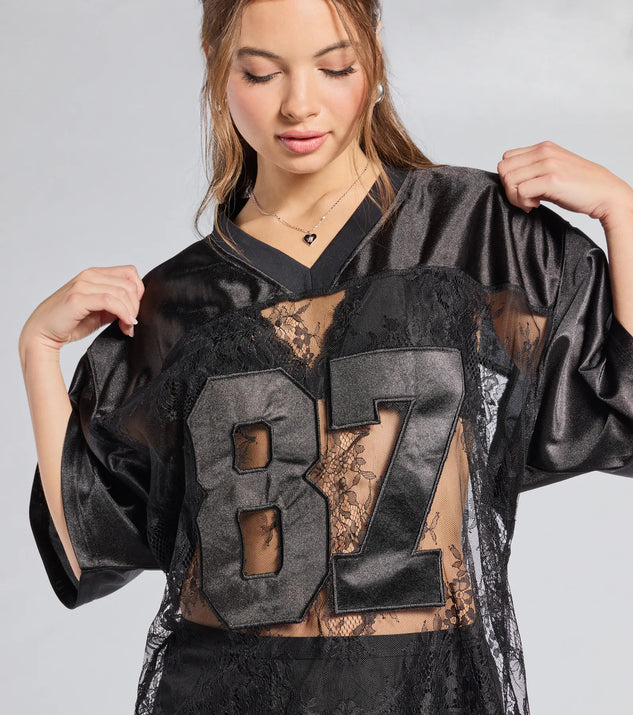 Sporty Chic Lace V-Neck 87 Graphic Jersey Top | Windsor
