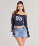From bold to effortless, the 95 Graphic Off-The-Shoulder Striped Crop Top lets you define your vibe with navy blue tops that speak your style.