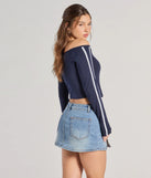 From bold to effortless, the 95 Graphic Off-The-Shoulder Striped Crop Top lets you define your vibe with navy blue tops that speak your style.