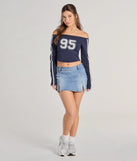 From bold to effortless, the 95 Graphic Off-The-Shoulder Striped Crop Top lets you define your vibe with navy blue tops that speak your style.