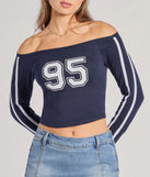 From bold to effortless, the 95 Graphic Off-The-Shoulder Striped Crop Top lets you define your vibe with navy blue tops that speak your style.
