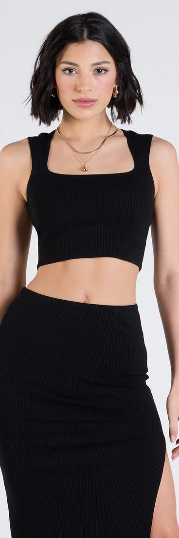 Serve effortless style and scroll-stopping energy in the Elevated Era Ribbed Knit Cropped Tank Top, part of a black matching clothing set that does the work for you with bold, polished vibes from top to bottom.