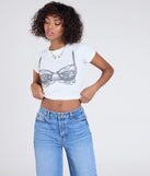 The Femme Sass Lace Bra Graphic Tee in white brings edge and energy to your vibe, ready to elevate any festival look or concert outfit.