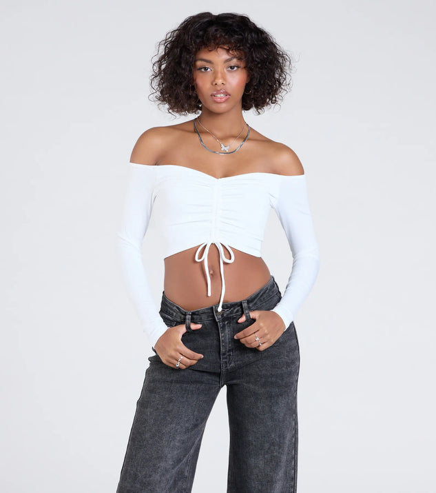 Stay on-trend this season with the Sultry Perception Off-The-Shoulder Crop Top in white, a must-have for creating stylish and effortless spring outfits for women.