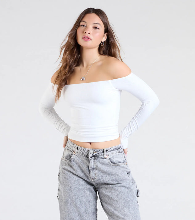 Stay on-trend this season with the Simply Elevated Off-The-Shoulder Smooth Knit Top in white, a must-have for creating stylish and effortless spring outfits for women.