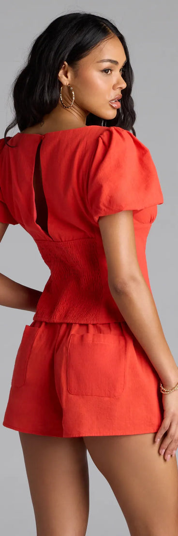 Look instantly put-together in the Easygoing Chic Puff Sleeve Tie Front Top, part of a matching red clothing set designed for chic, no-fuss fall outfits.