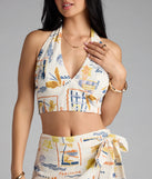 Miss Jetsetter Halter Tie-Back Print Crop Top