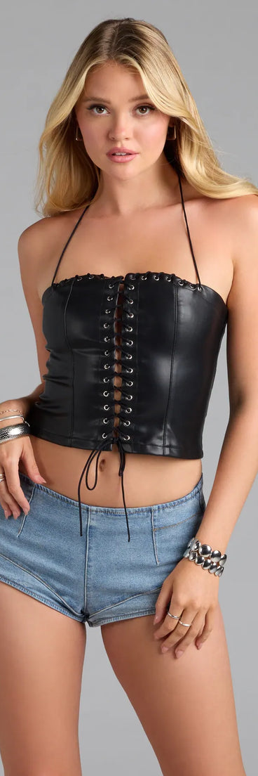Complete your look with the Edgy Demure Lace-Up Halter Crop Top, a trendy black top that’s ready to pair with anything in your fall rotation.