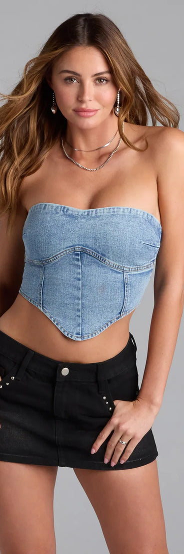 Show off your style in the Trendy Girl Denim Strapless Corset Crop Top, a light blue crop top designed for bold looks and effortless versatility.
