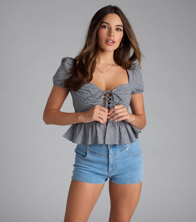 Major Sweetie Gingham Lace-Up Peplum Crop Top | Windsor