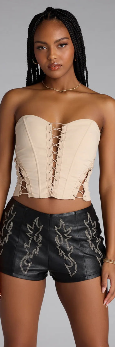 Complete your look with the Tied Up And Tempting Corset Top, a trendy beige top that’s ready to pair with anything in your fall rotation.