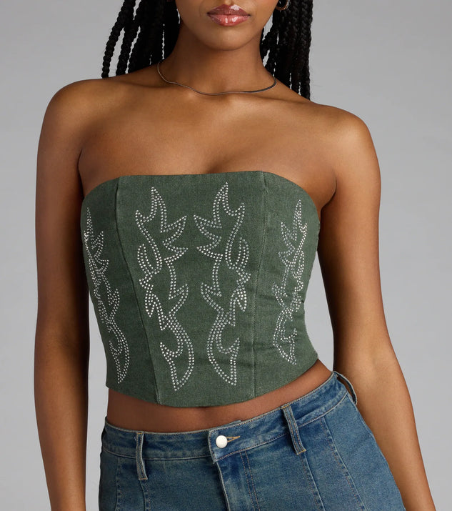 Glam Heat Rhinestone Flame Denim Corset Top | Windsor