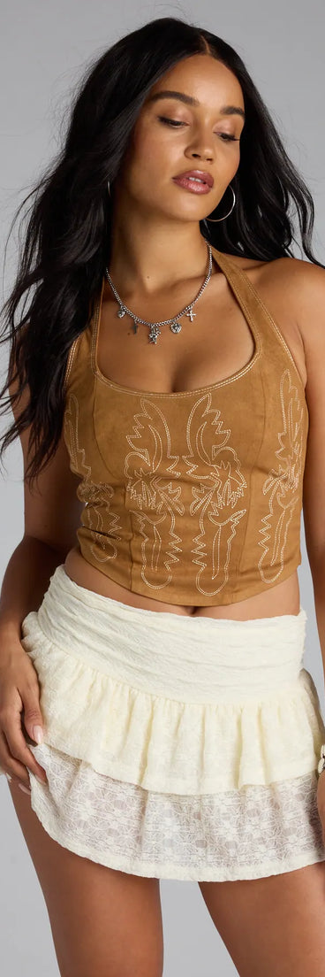 For college campus looks, game day outfits, or a bold going-out vibe, the Cute Flame Stitch Lace-Up Crop Top is an on-trend camel brown crop top that easily styles with your favorite denim.