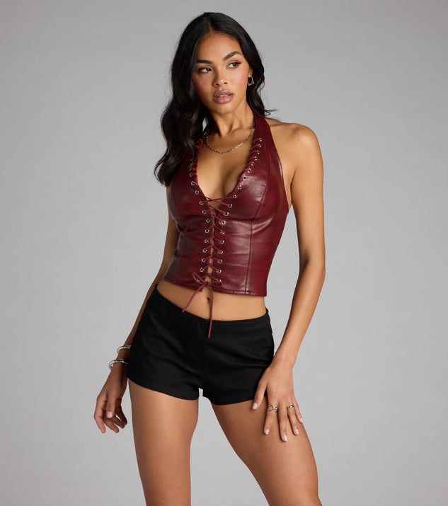 Alluring Edge Faux Leather Lace-Up Halter Top | Windsor