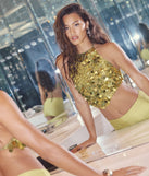 For college campus looks, game day outfits, or a bold going-out vibe, the Prominent Shine Sequin Halter Crop Top is an on-trend chartreuse crop top that easily styles with your favorite denim.