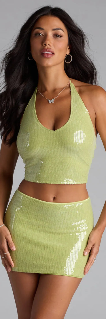 Trendy women’s tops, like the Major Stunner Sequin Halter Crop Top, bring effortless style for fall layering, lounging, or going out.